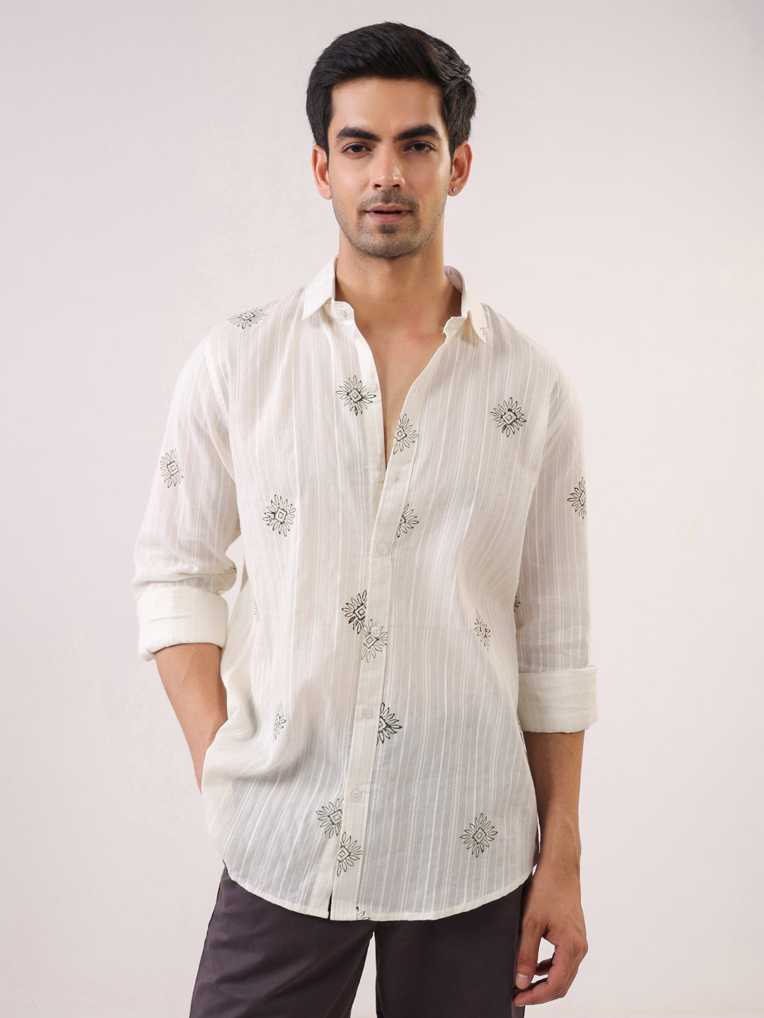 White Printed Band Collar Relaxed Fit Cotton Men's Shirt