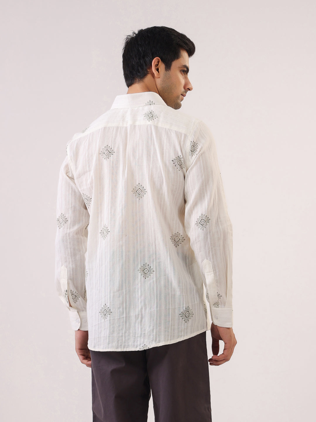White Printed Band Collar Relaxed Fit Cotton Men's Shirt