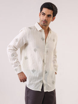 White Color Blocked Print Cotton Band Collar Men's Shirt