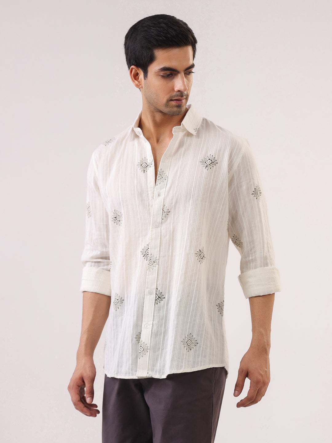 White Printed Band Collar Relaxed Fit Cotton Men's Shirt