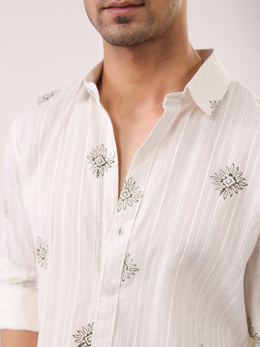 White Printed Band Collar Relaxed Fit Cotton Men's Shirt