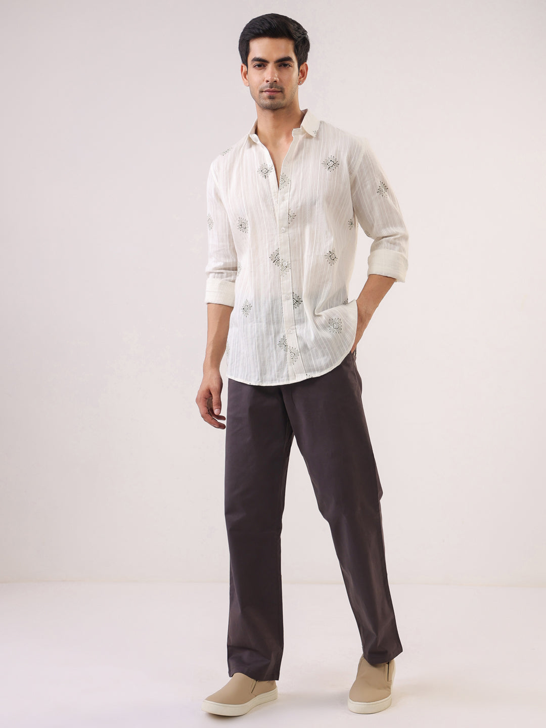 White Printed Band Collar Relaxed Fit Cotton Men's Shirt