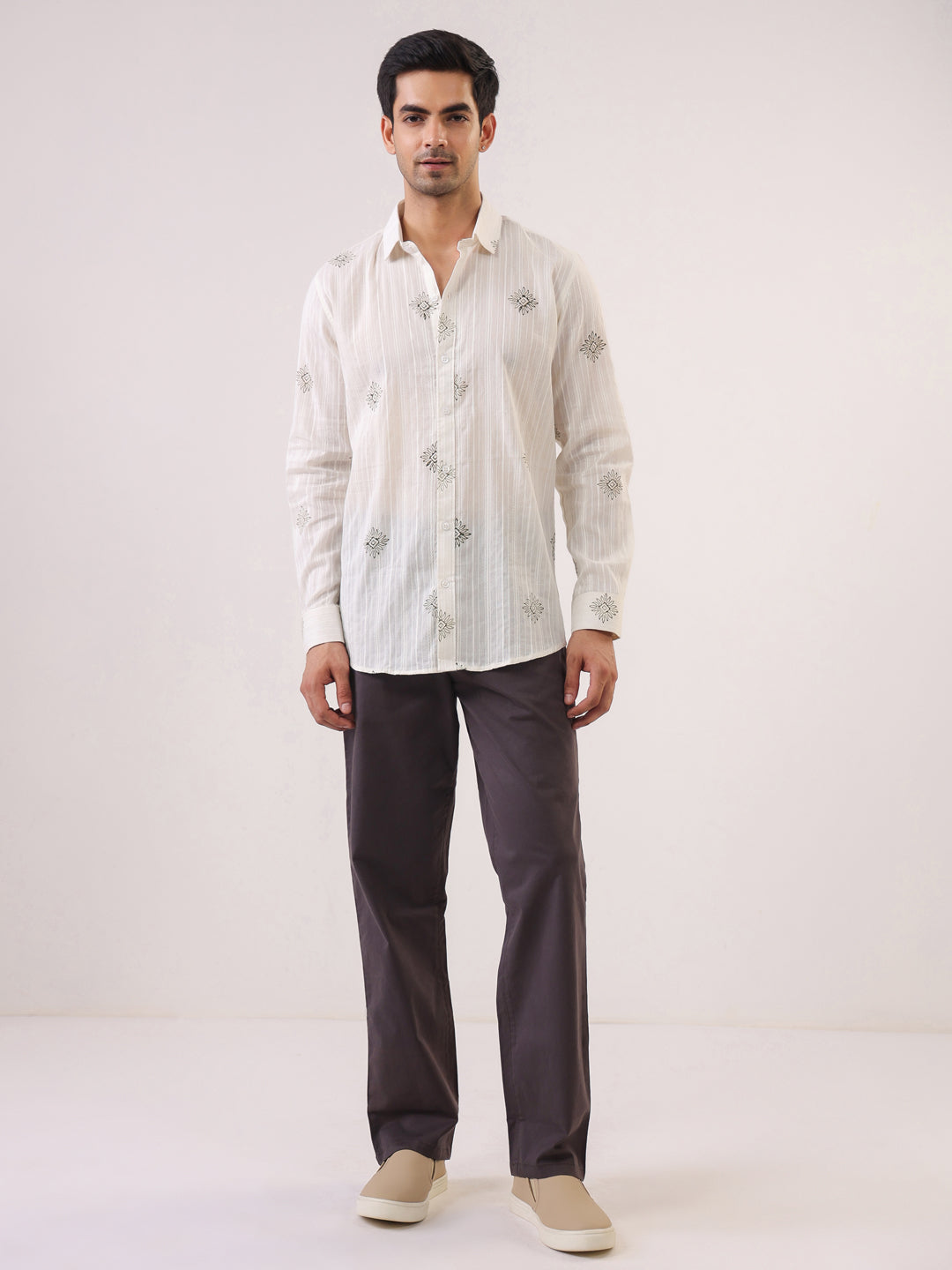 White Printed Band Collar Relaxed Fit Cotton Men's Shirt