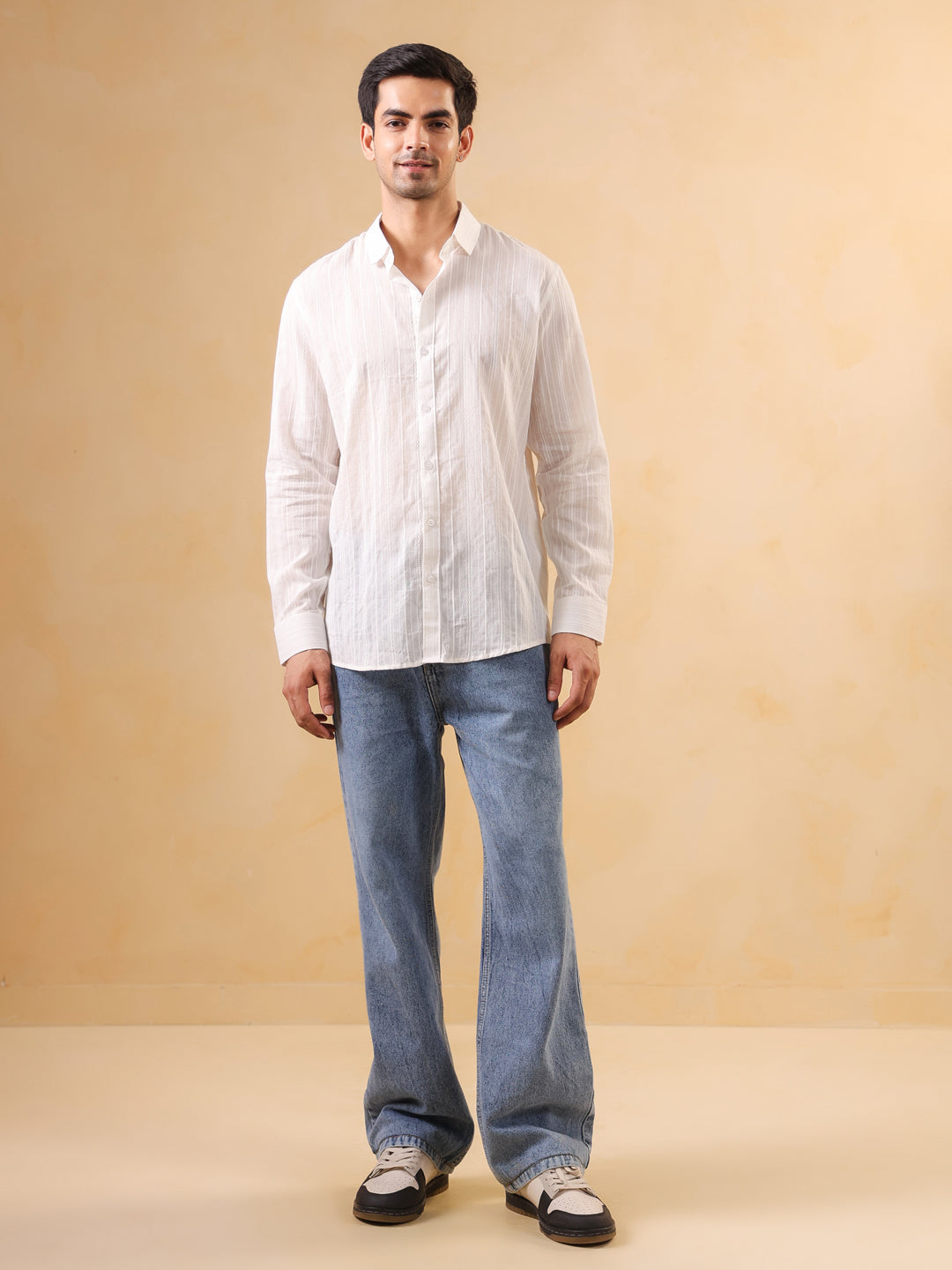 White Band Collar Solid Cotton Relaxed Fit Men's Shirt
