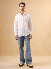 White Solid Cotton Band Collar Men's Shirt