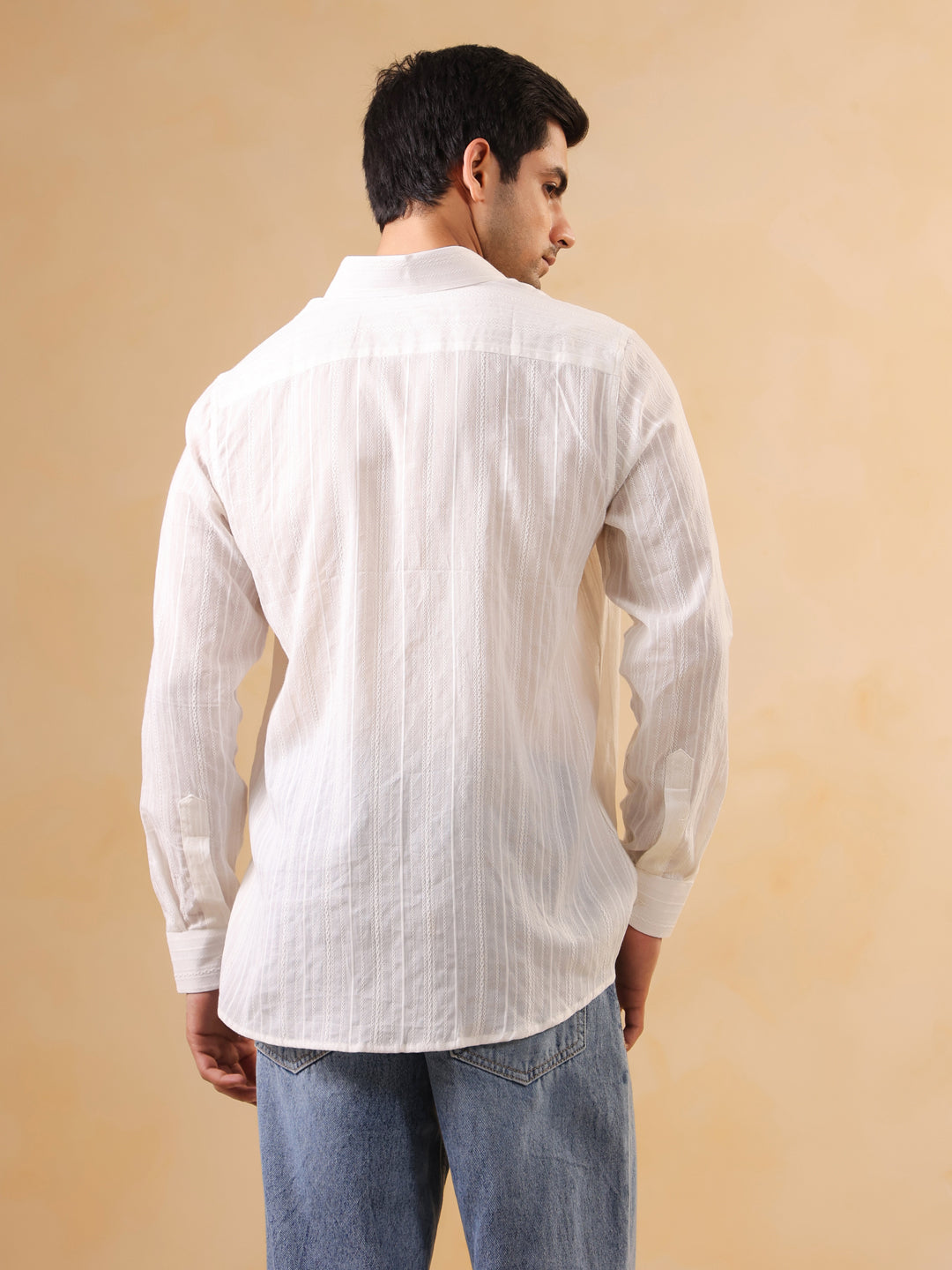 White Band Collar Solid Cotton Relaxed Fit Men's Shirt