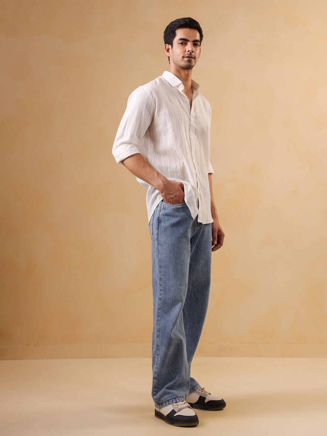 White Band Collar Solid Cotton Relaxed Fit Men's Shirt