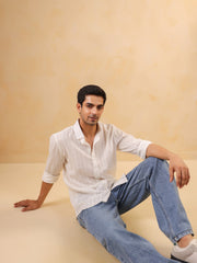 White Solid Cotton Band Collar Men's Shirt