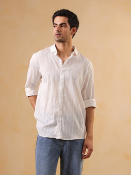 White Solid Cotton Band Collar Men's Shirt
