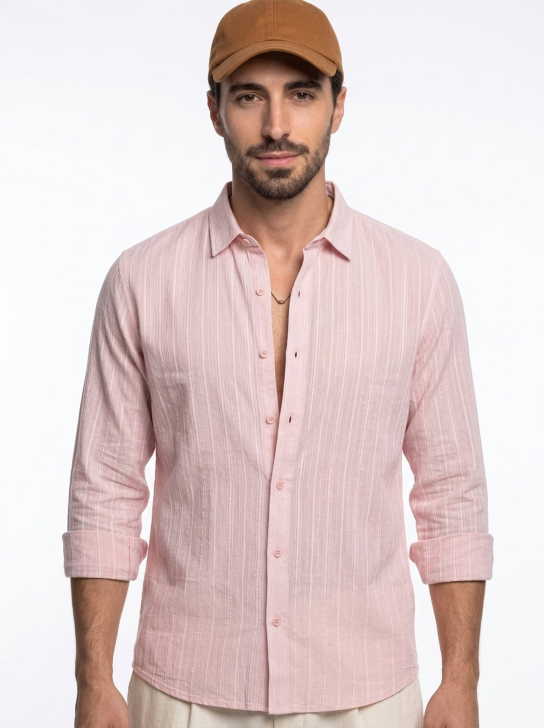 Peach Band Collar Textured Striped Casual Cotton Men's Shirt