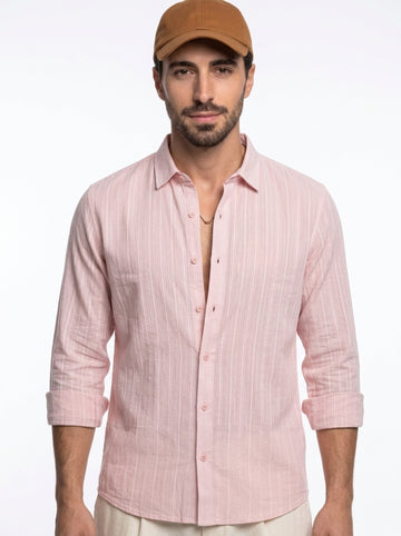 Peach Band Collar Textured Striped Casual Cotton Men's Shirt