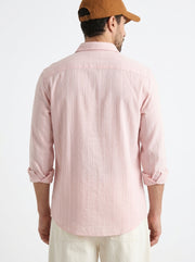 Peach Band Collar Textured Striped Casual Cotton Men's Shirt