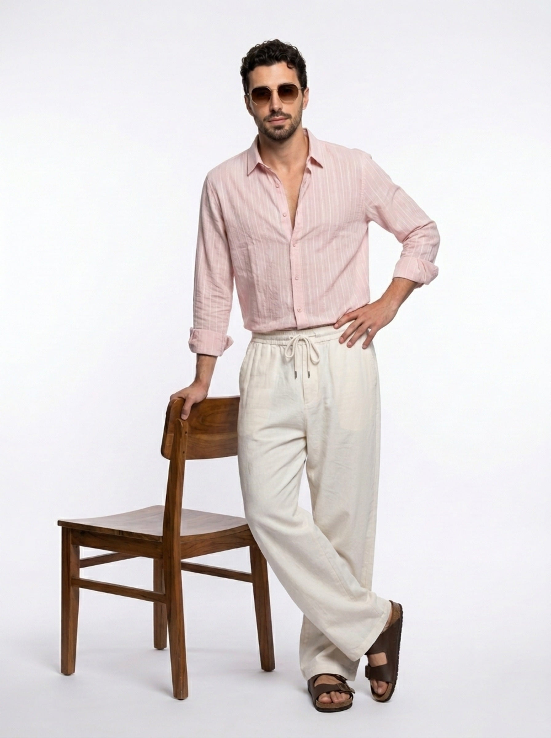 Peach Band Collar Textured Striped Casual Cotton Men's Shirt
