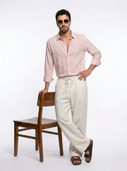 Peach Band Collar Textured Striped Casual Cotton Men's Shirt