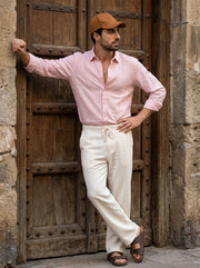 Peach Band Collar Textured Striped Casual Cotton Men's Shirt