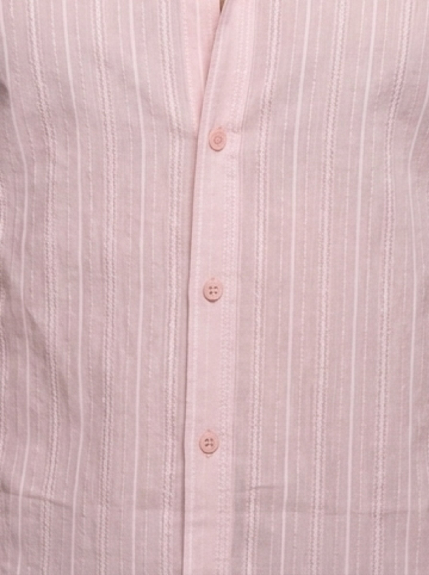 Peach Band Collar Textured Striped Casual Cotton Men's Shirt