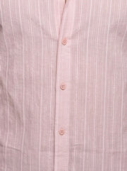 Peach Band Collar Textured Striped Casual Cotton Men's Shirt