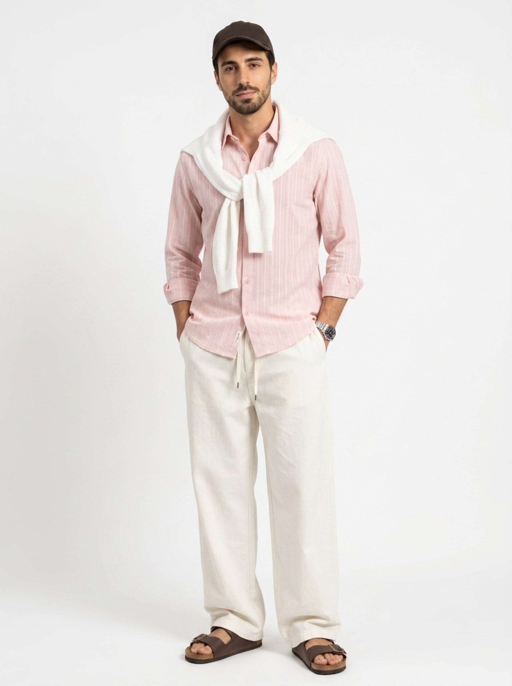 Peach Band Collar Textured Striped Casual Cotton Men's Shirt