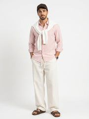 Peach Band Collar Textured Striped Casual Cotton Men's Shirt