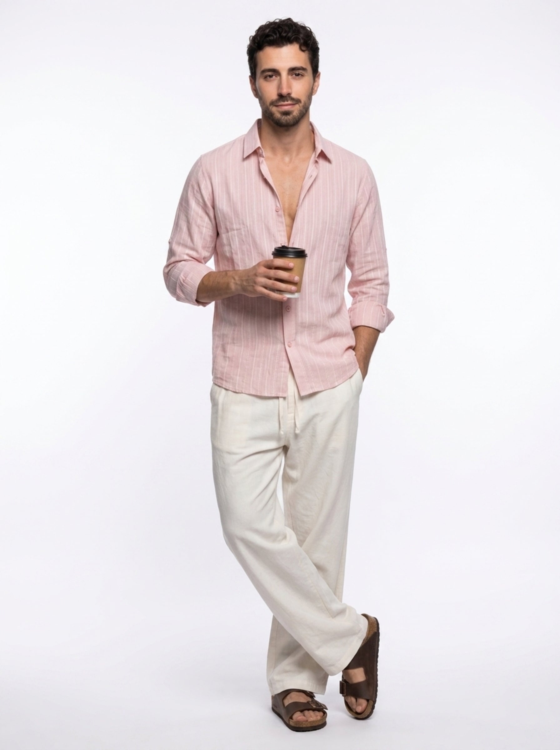 Peach Band Collar Textured Striped Casual Cotton Men's Shirt