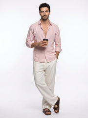 Peach Band Collar Textured Striped Casual Cotton Men's Shirt