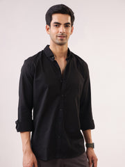 Black Band Collar Solid Print Cotton Men's Shirt