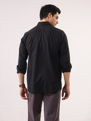 Black Band Collar Solid Print Cotton Men's Shirt