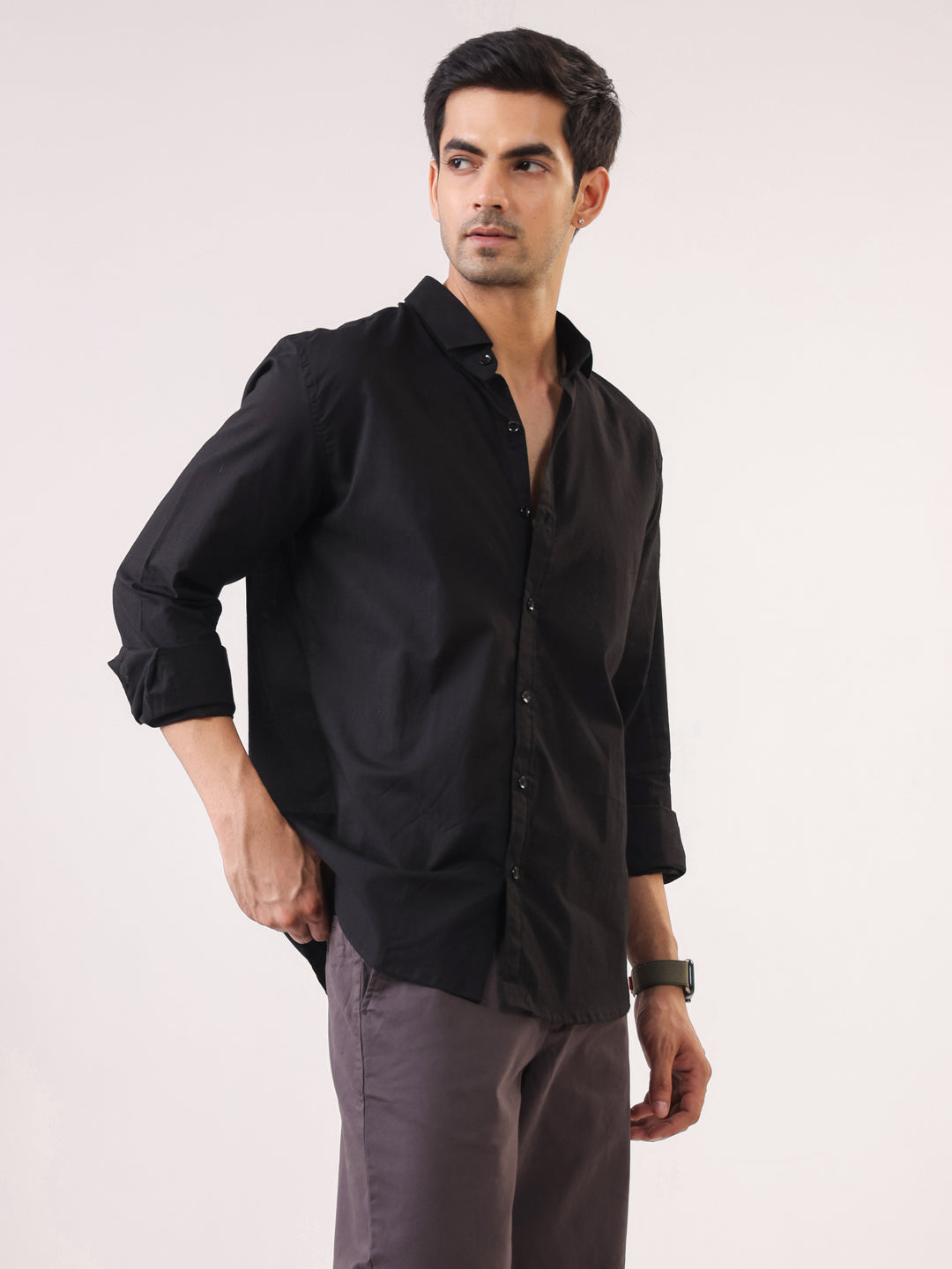Black Band Collar Solid Print Relaxed Fit Cotton Men's Shirt