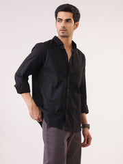 Black Band Collar Solid Print Cotton Men's Shirt