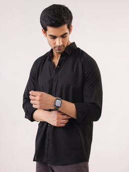 Black Band Collar Solid Print Cotton Men's Shirt