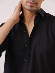 Black Band Collar Solid Print Cotton Men's Shirt