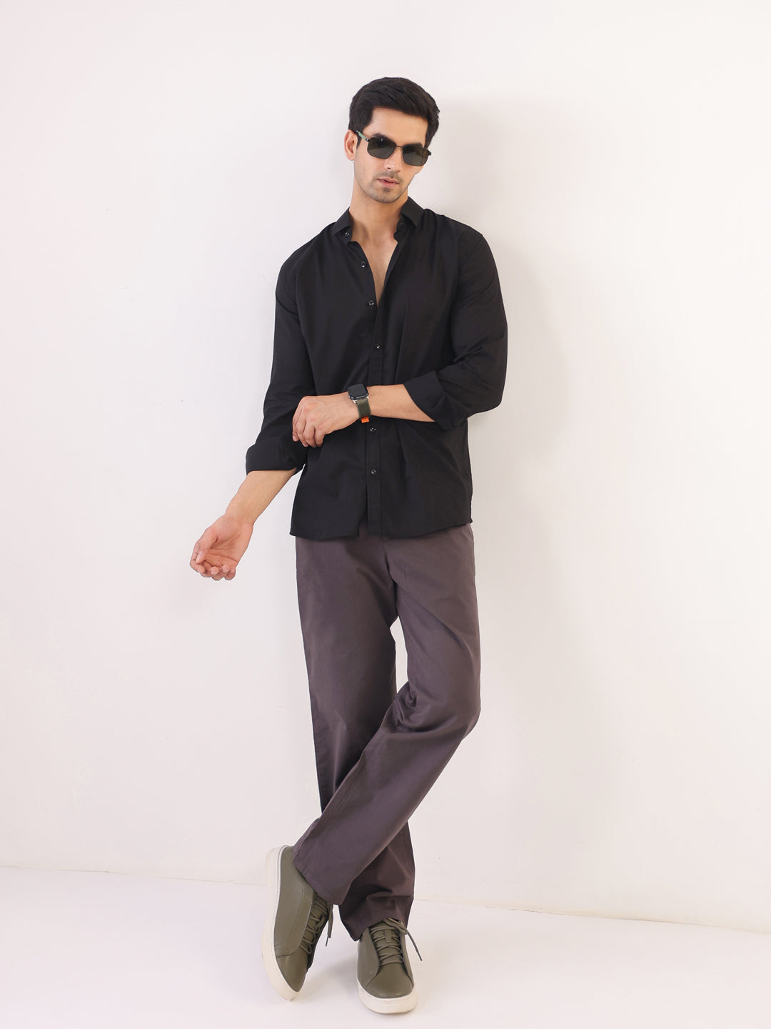Black Band Collar Solid Print Relaxed Fit Cotton Men's Shirt