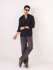 Black Band Collar Solid Print Cotton Men's Shirt