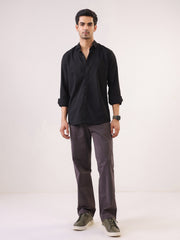 Black Band Collar Solid Print Cotton Men's Shirt