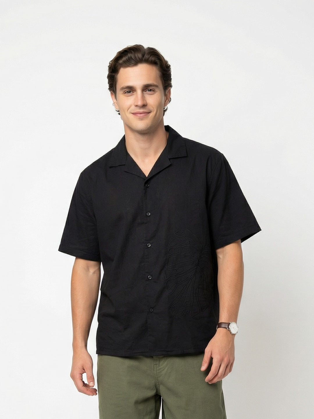 Black Cuban Collar Embroidered Print Cotton Men's Shirt