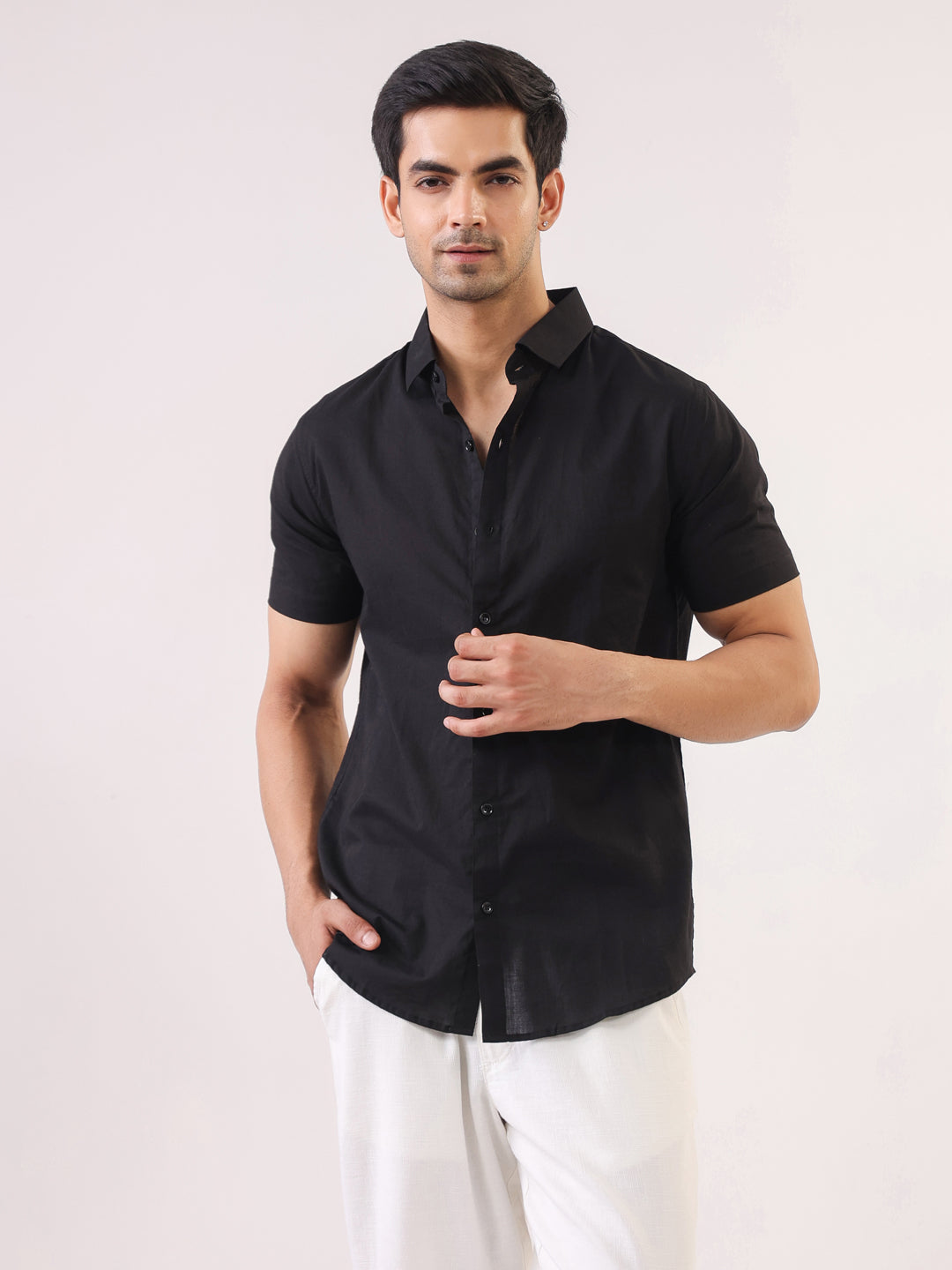 Black Solid Band Collar Relaxed Fit Cotton Men's Shirt