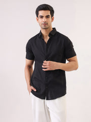 Black Solid Band Collar Cotton Men's Shirt
