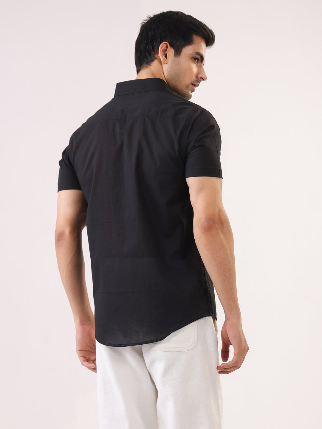 Black Solid Band Collar Relaxed Fit Cotton Men's Shirt