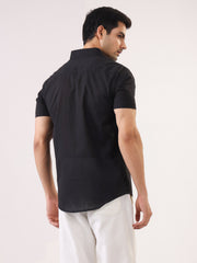 Black Solid Band Collar Cotton Men's Shirt
