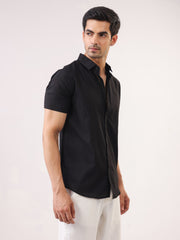 Black Solid Band Collar Cotton Men's Shirt