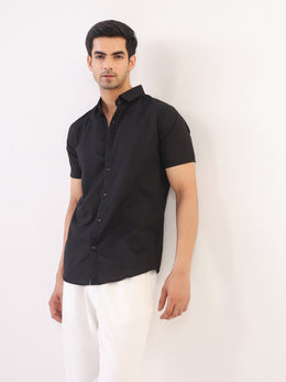 Black Solid Band Collar Cotton Men's Shirt