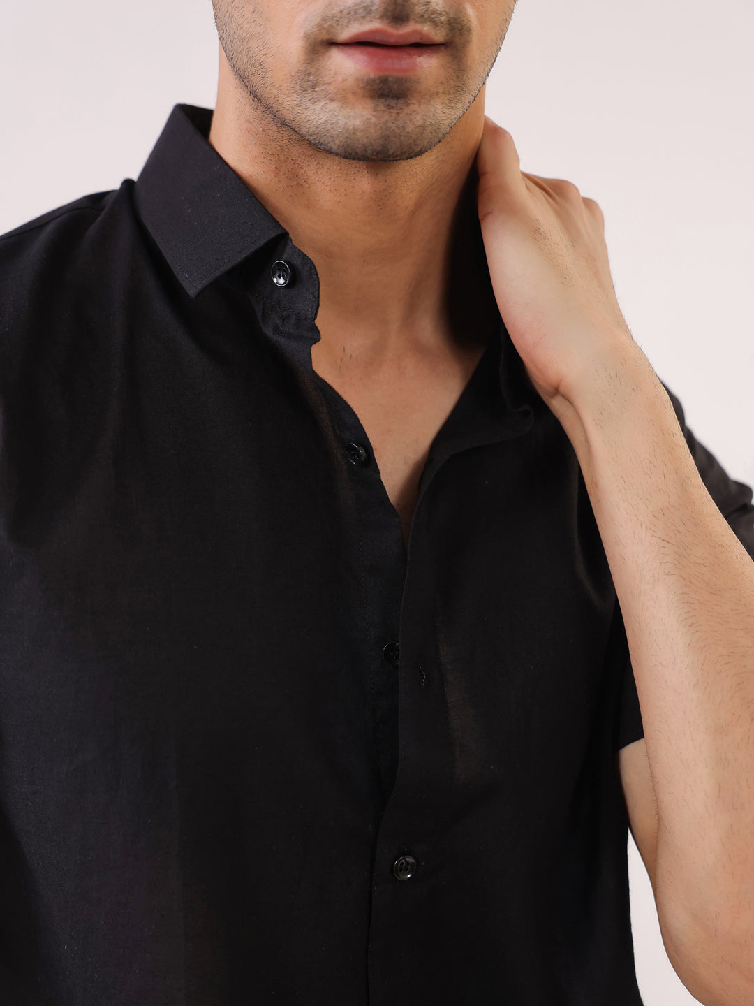 Black Solid Band Collar Relaxed Fit Cotton Men's Shirt