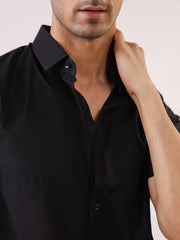 Black Solid Band Collar Cotton Men's Shirt
