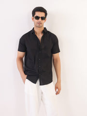 Black Solid Band Collar Cotton Men's Shirt