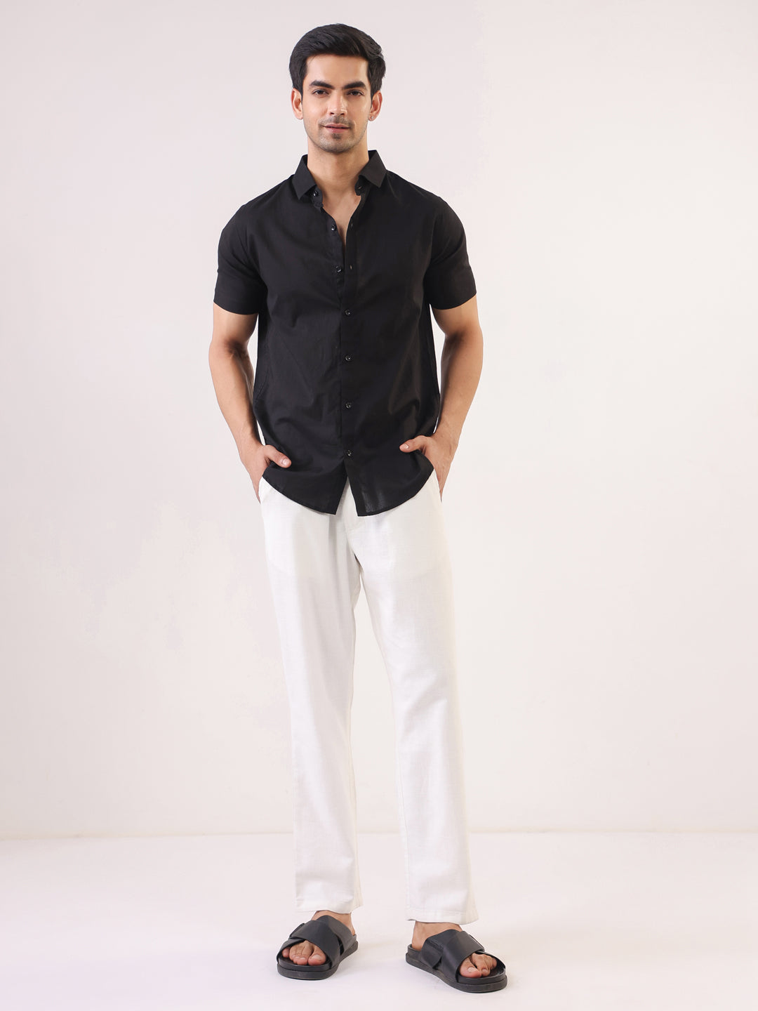 Black Solid Band Collar Relaxed Fit Cotton Men's Shirt