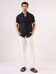 Black Solid Band Collar Cotton Men's Shirt