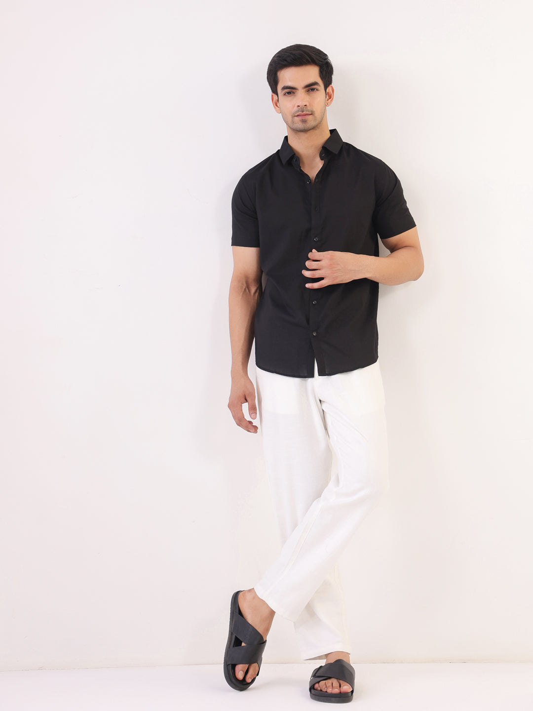 Black Solid Band Collar Relaxed Fit Cotton Men's Shirt