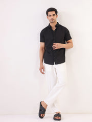 Black Solid Band Collar Cotton Men's Shirt