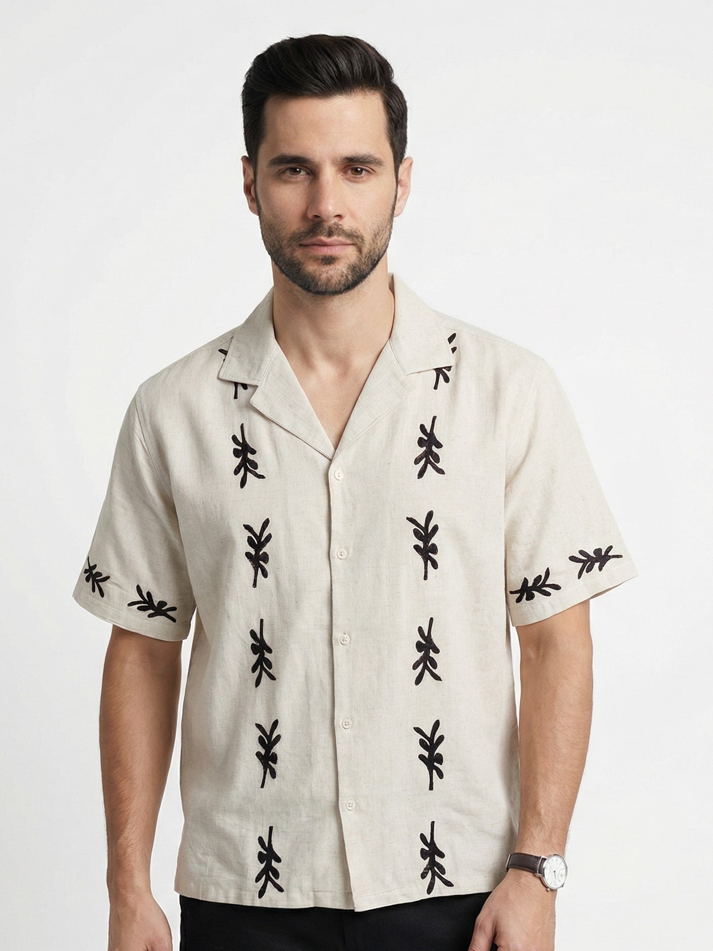 Off White Cuban Collar Block Print Cotton Men's Shirt
