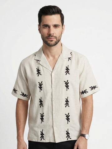 Off White Cuban Collar Block Print Cotton Men's Shirt